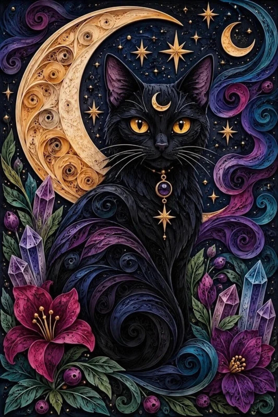 5x7 Framed Black Cat Moon Celestial Art